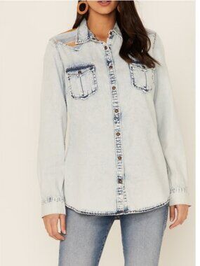 Like New! RRR Denim Snap Button Shirt Embroidered Cotton/Linen Long Sleeve  XL
